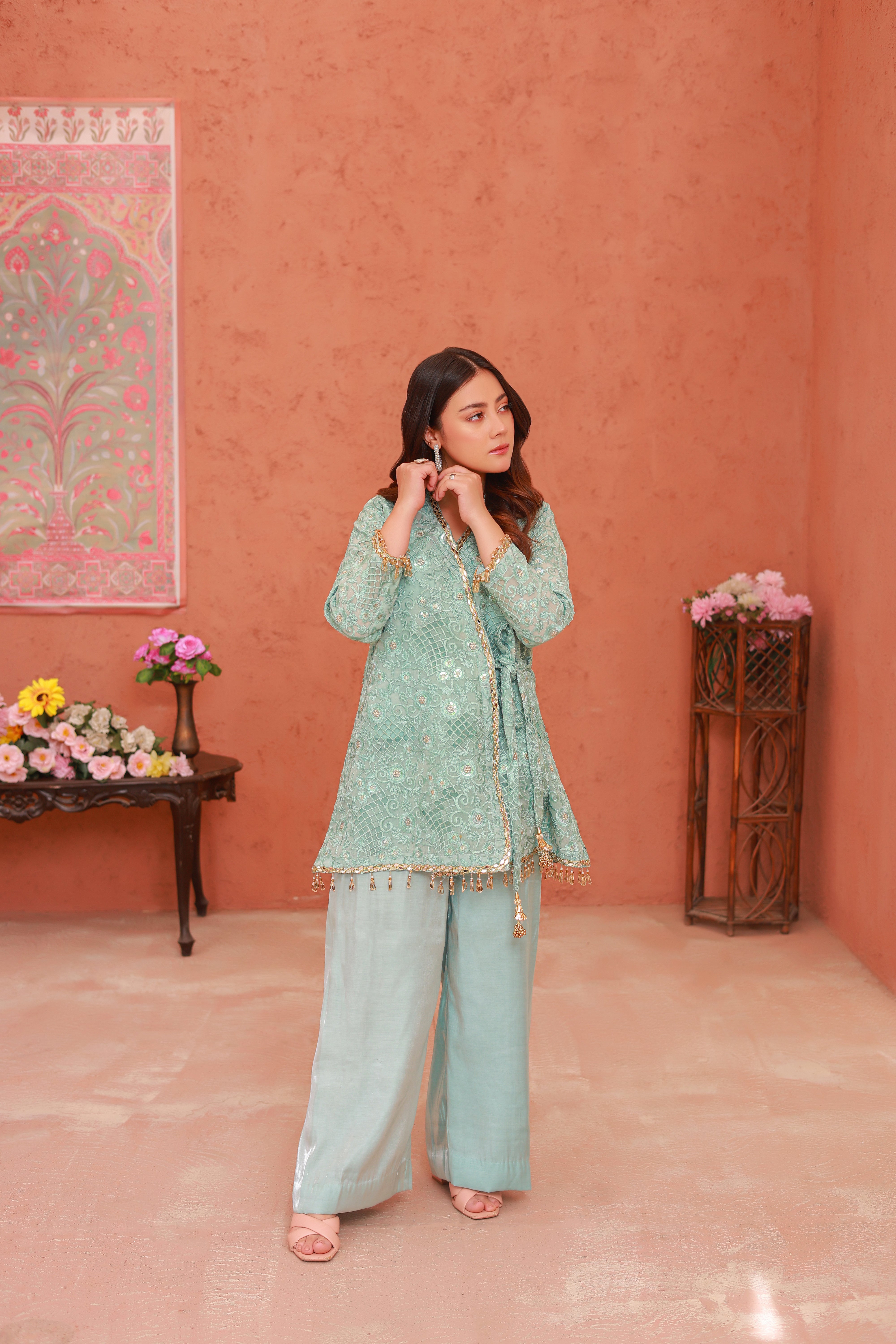 Mint Green Embroidered Net Formal – 2 Piece