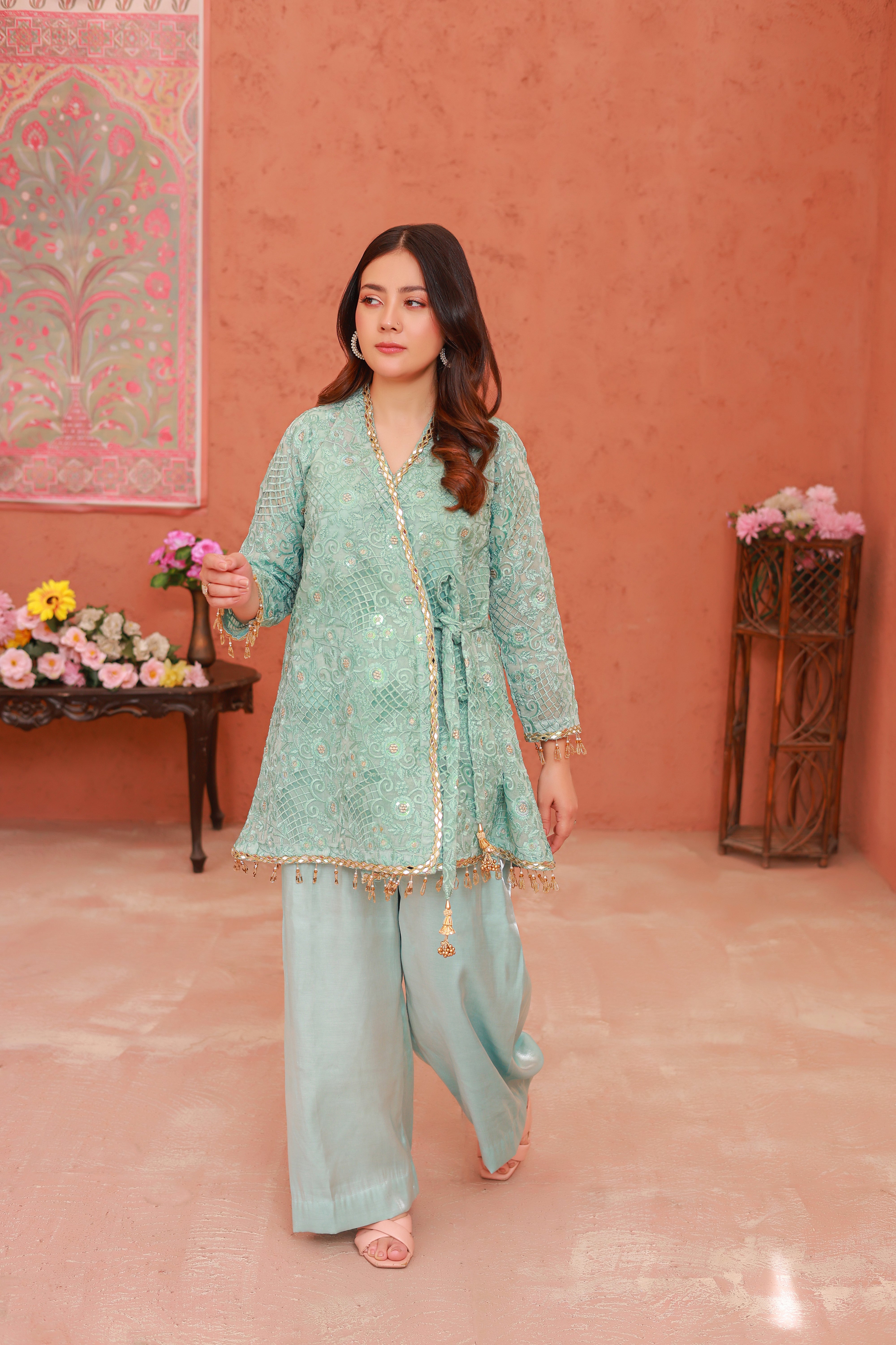 Mint Green Embroidered Net Formal – 2 Piece