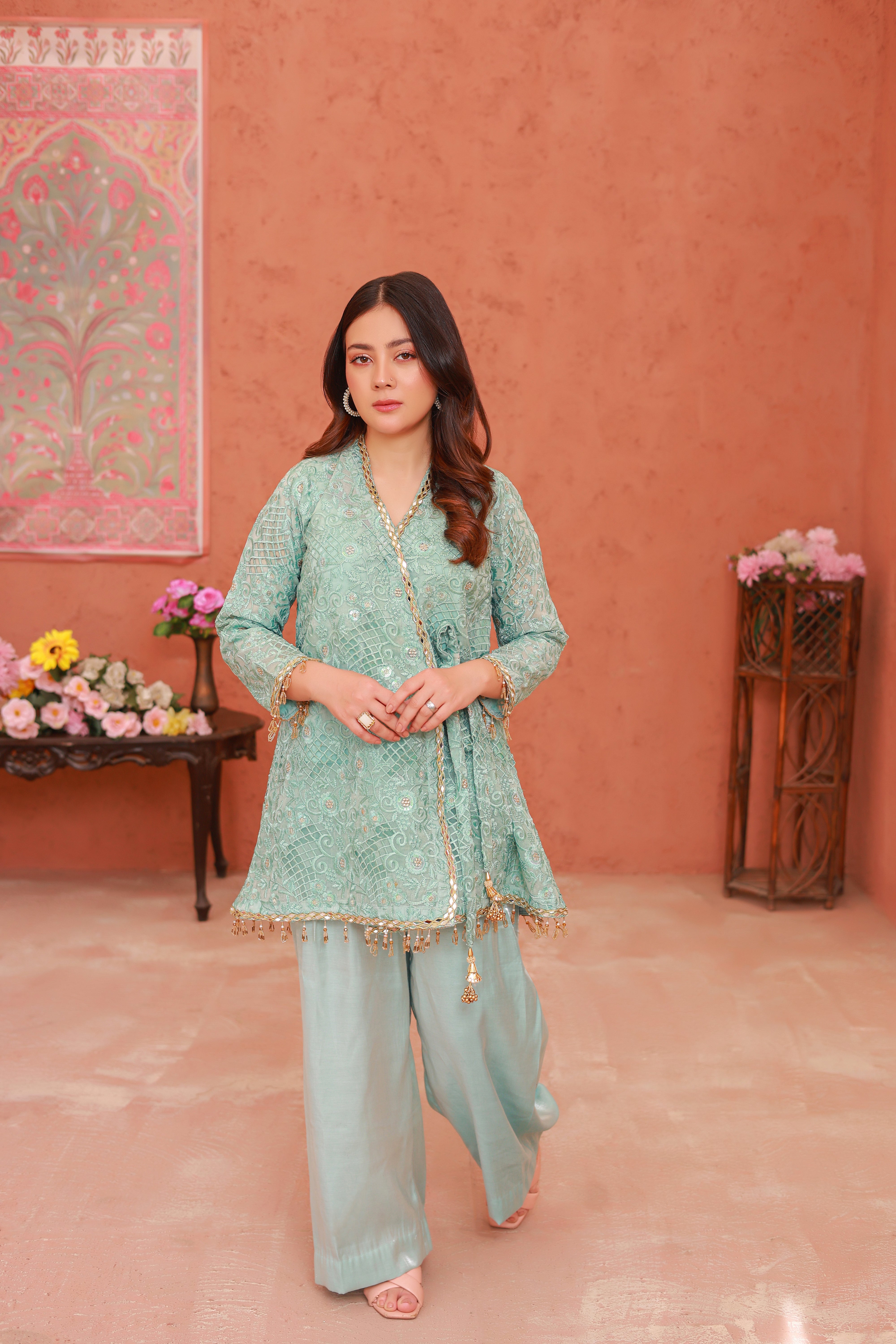 Mint Green Embroidered Net Formal – 2 Piece