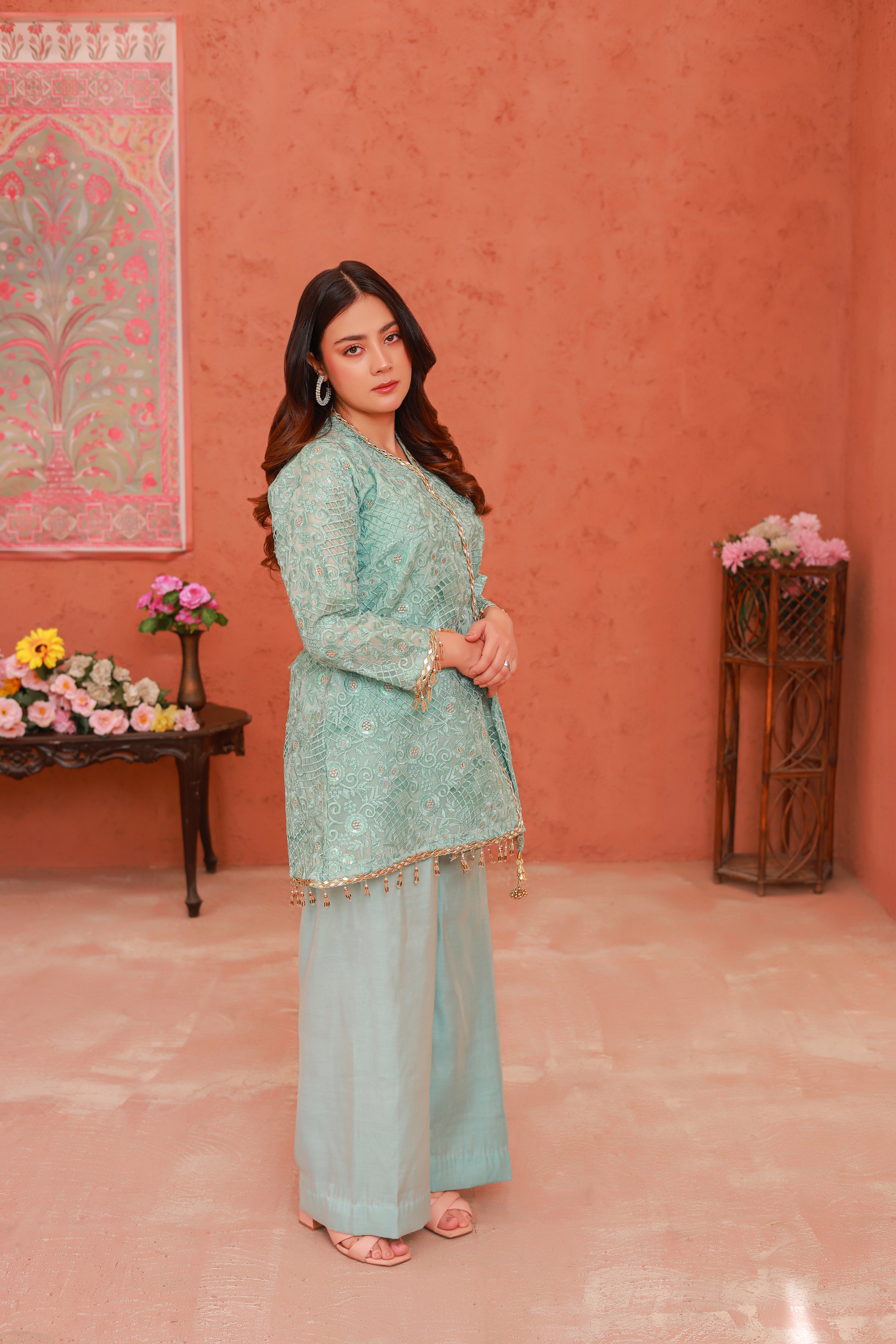 Mint Green Embroidered Net Formal – 2 Piece