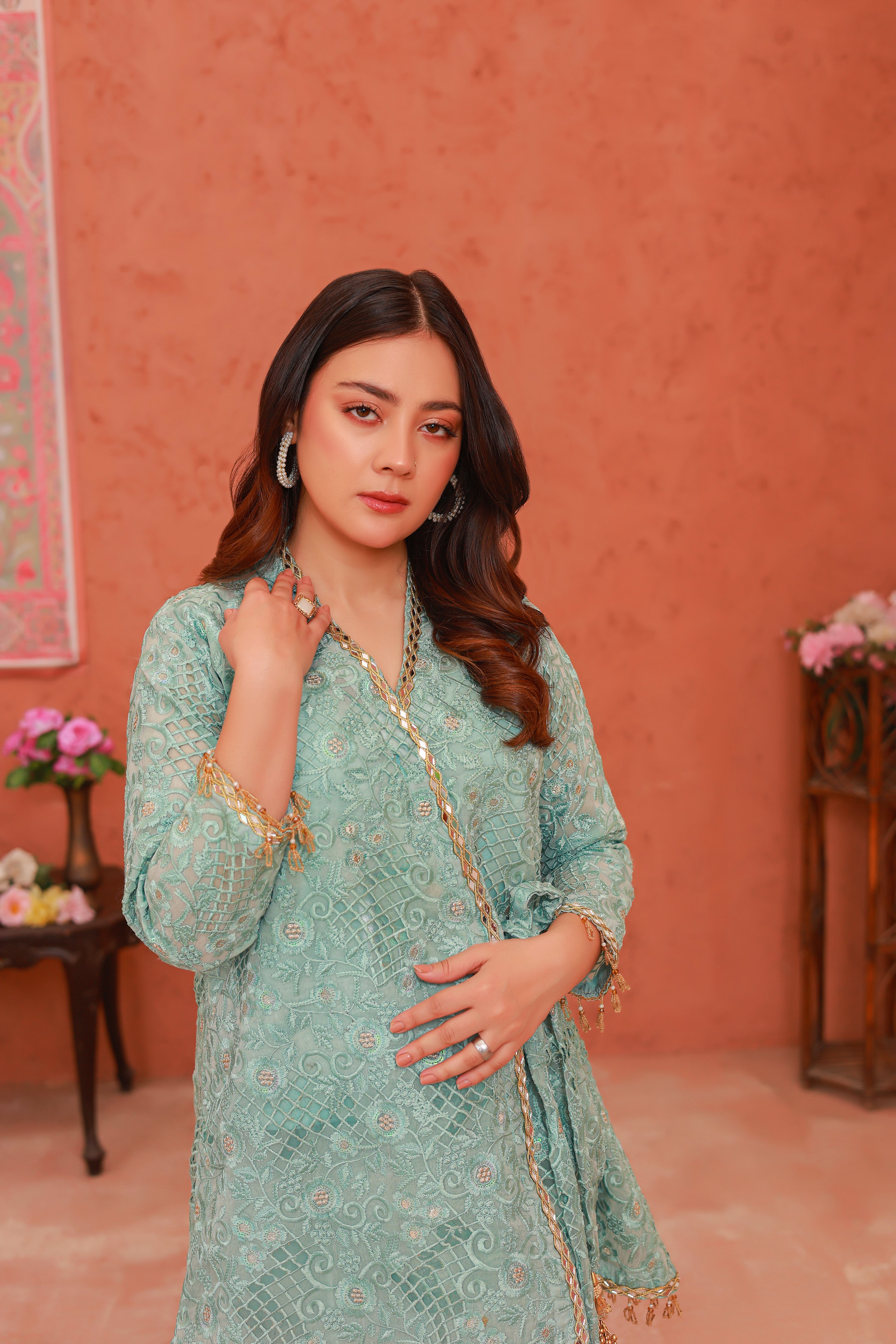 Mint Green Embroidered Net Formal – 2 Piece