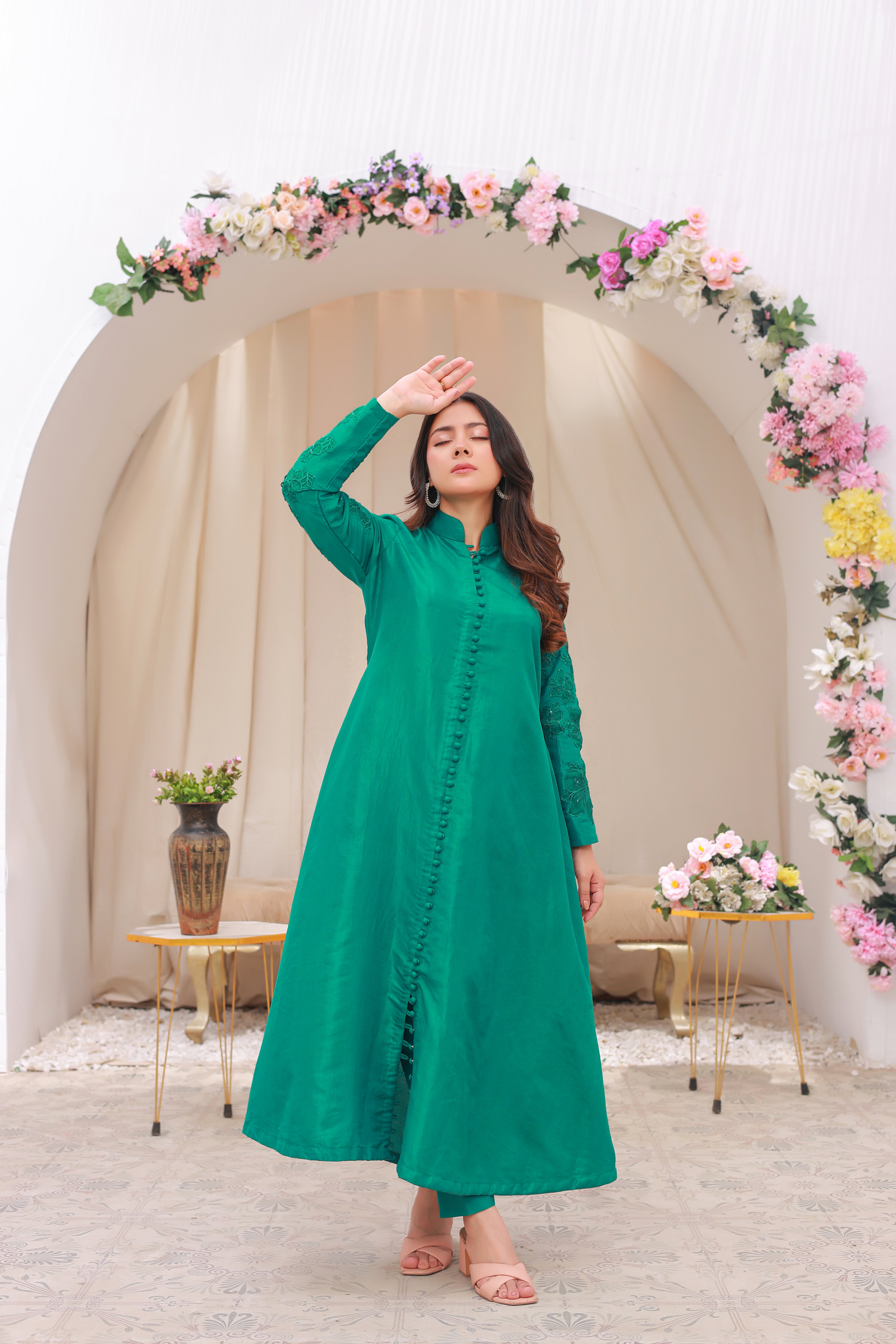 Emerald Green Flared Kurti with Embroidered Sleeves