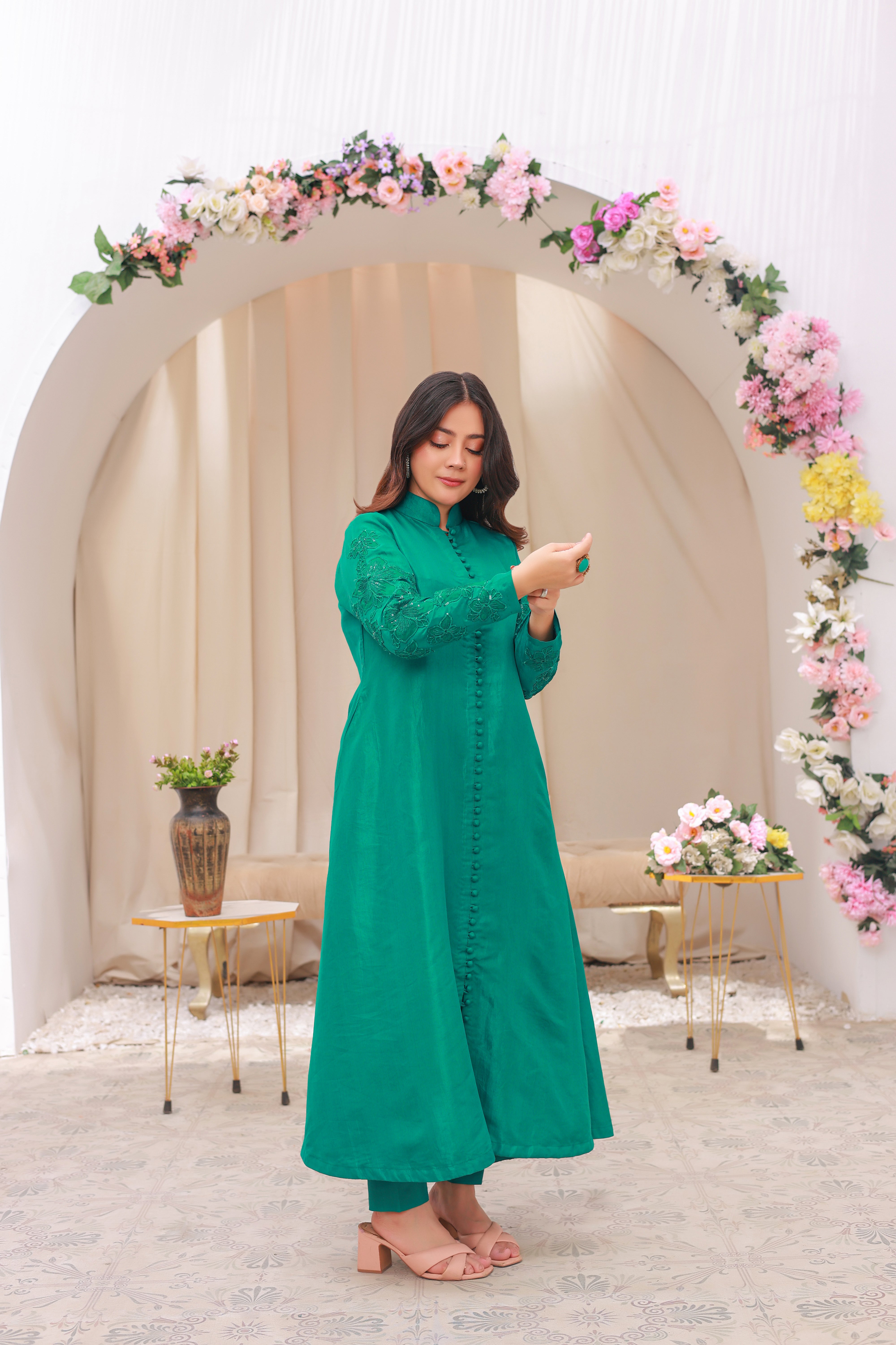 Emerald Green Flared Kurti with Embroidered Sleeves