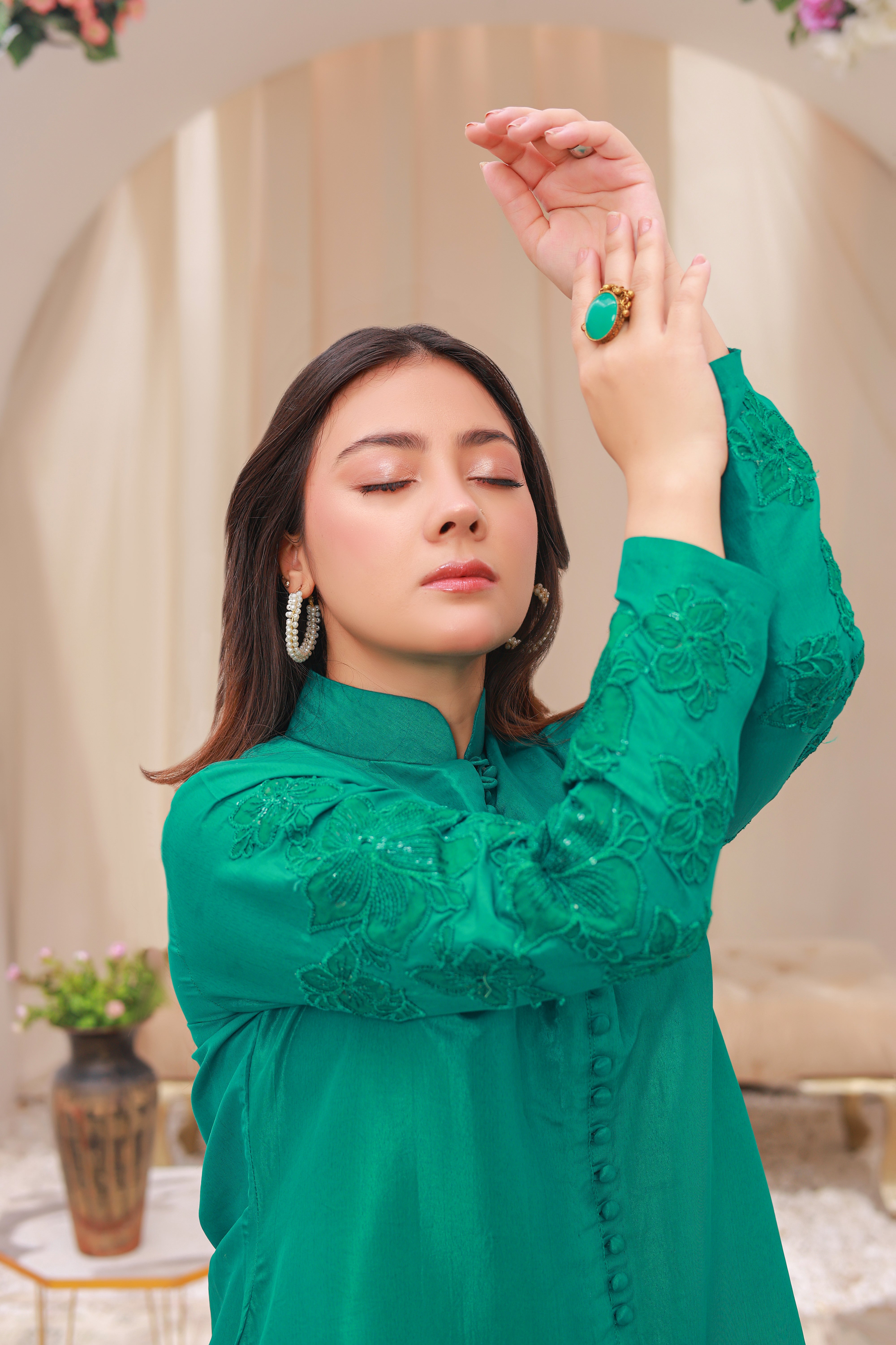 Emerald Green Flared Kurti with Embroidered Sleeves
