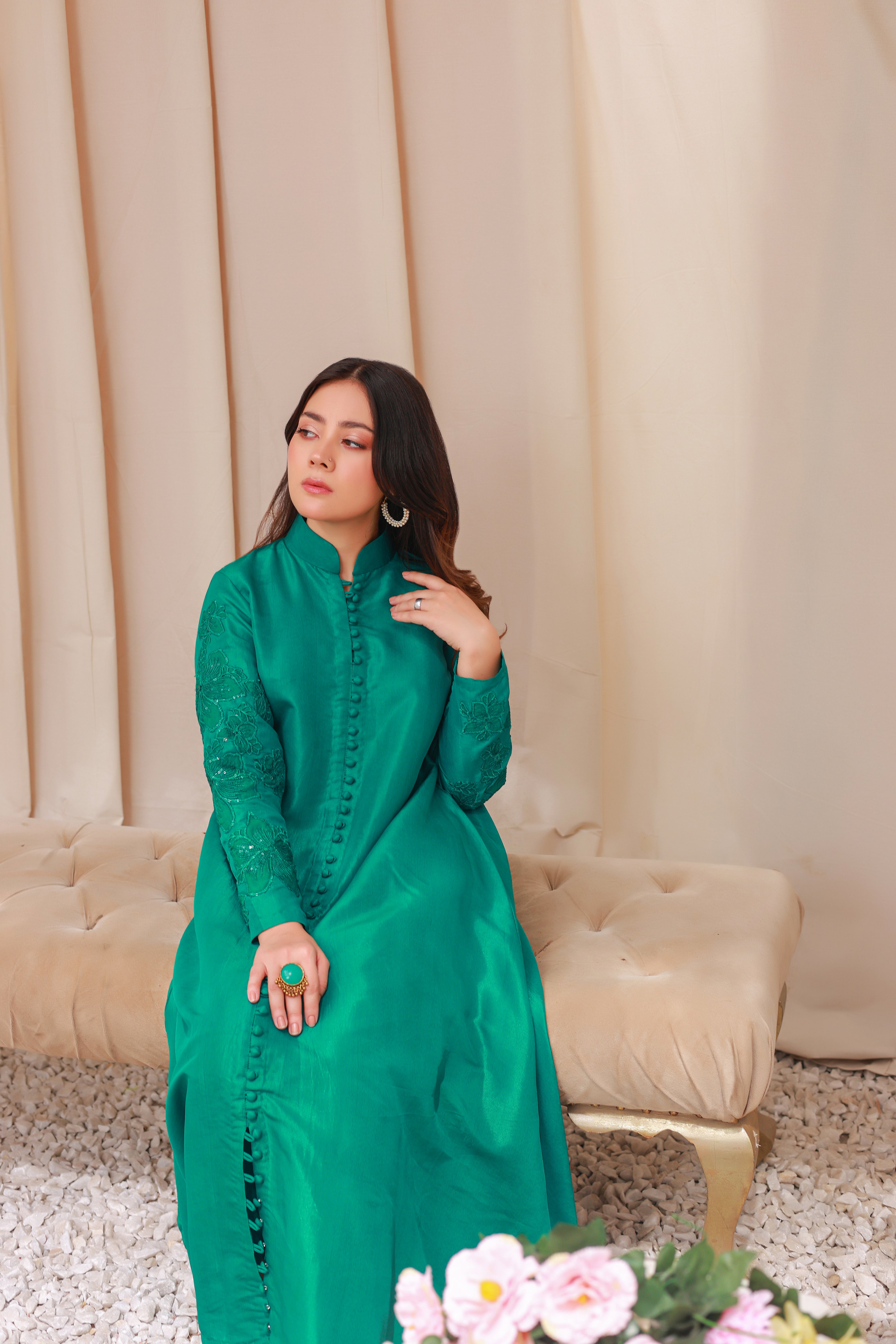 Emerald Green Flared Kurti with Embroidered Sleeves