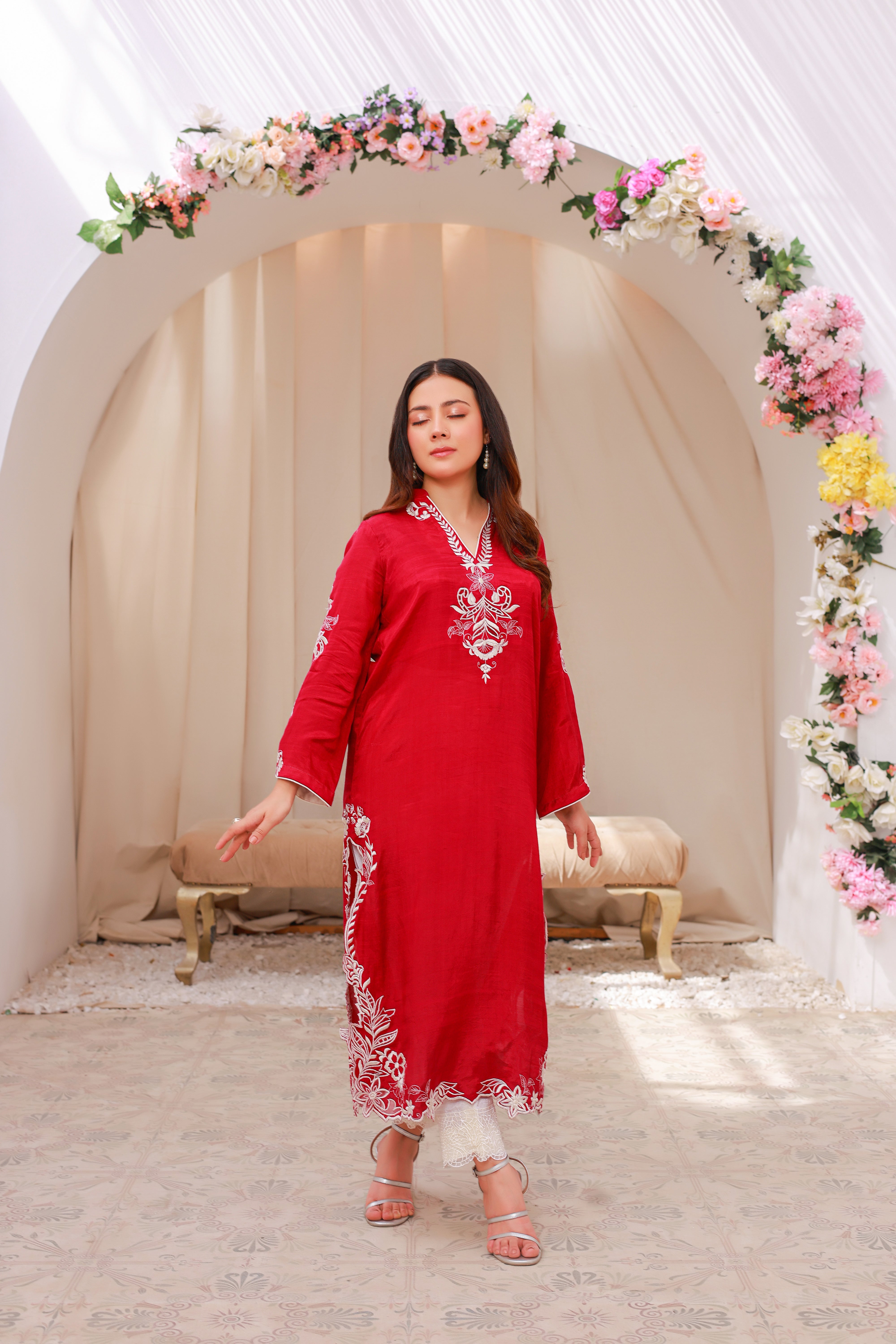 Deep Red Embroidered Kurta with White Threadwork