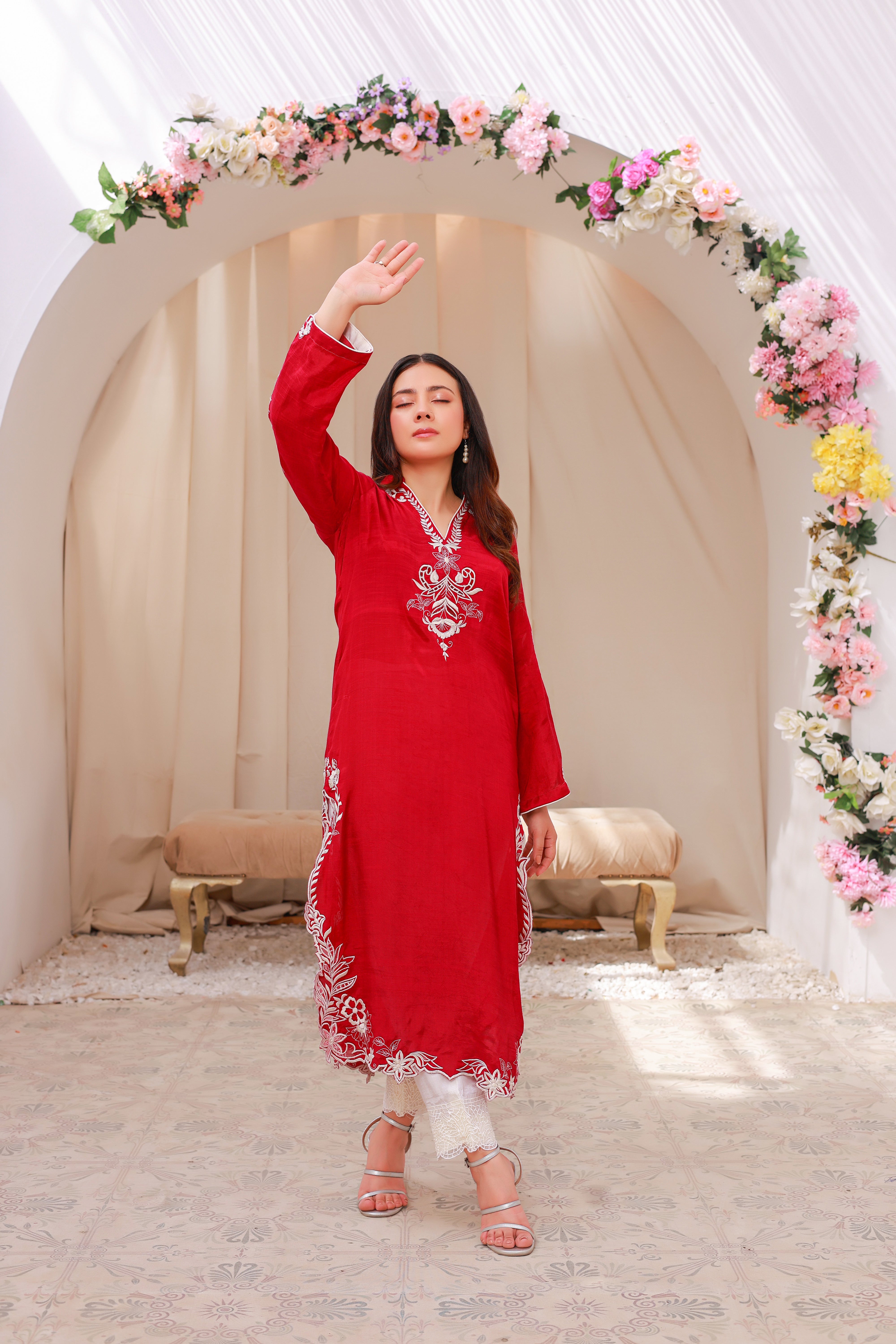 Deep Red Embroidered Kurta with White Threadwork