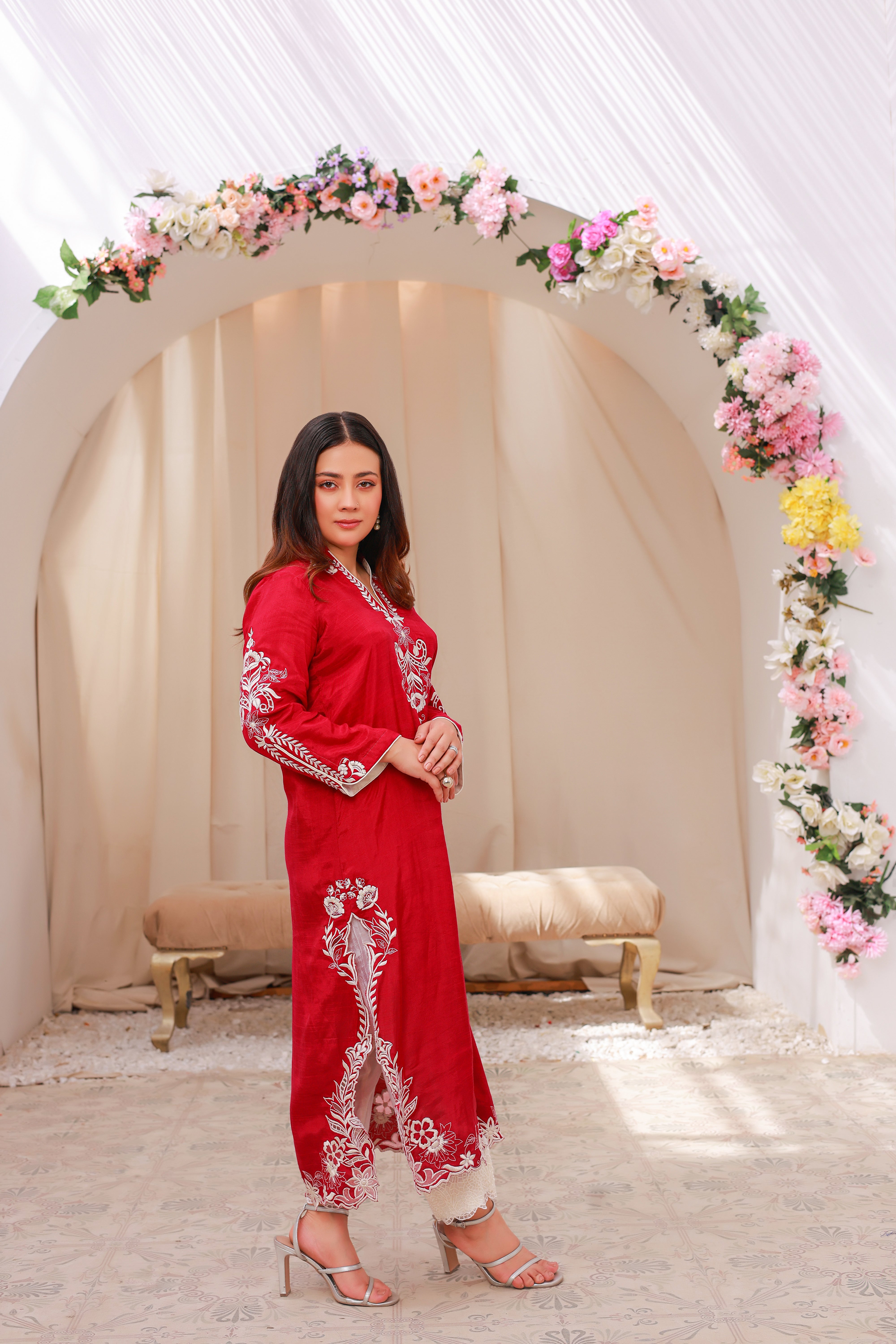 Deep Red Embroidered Kurta with White Threadwork