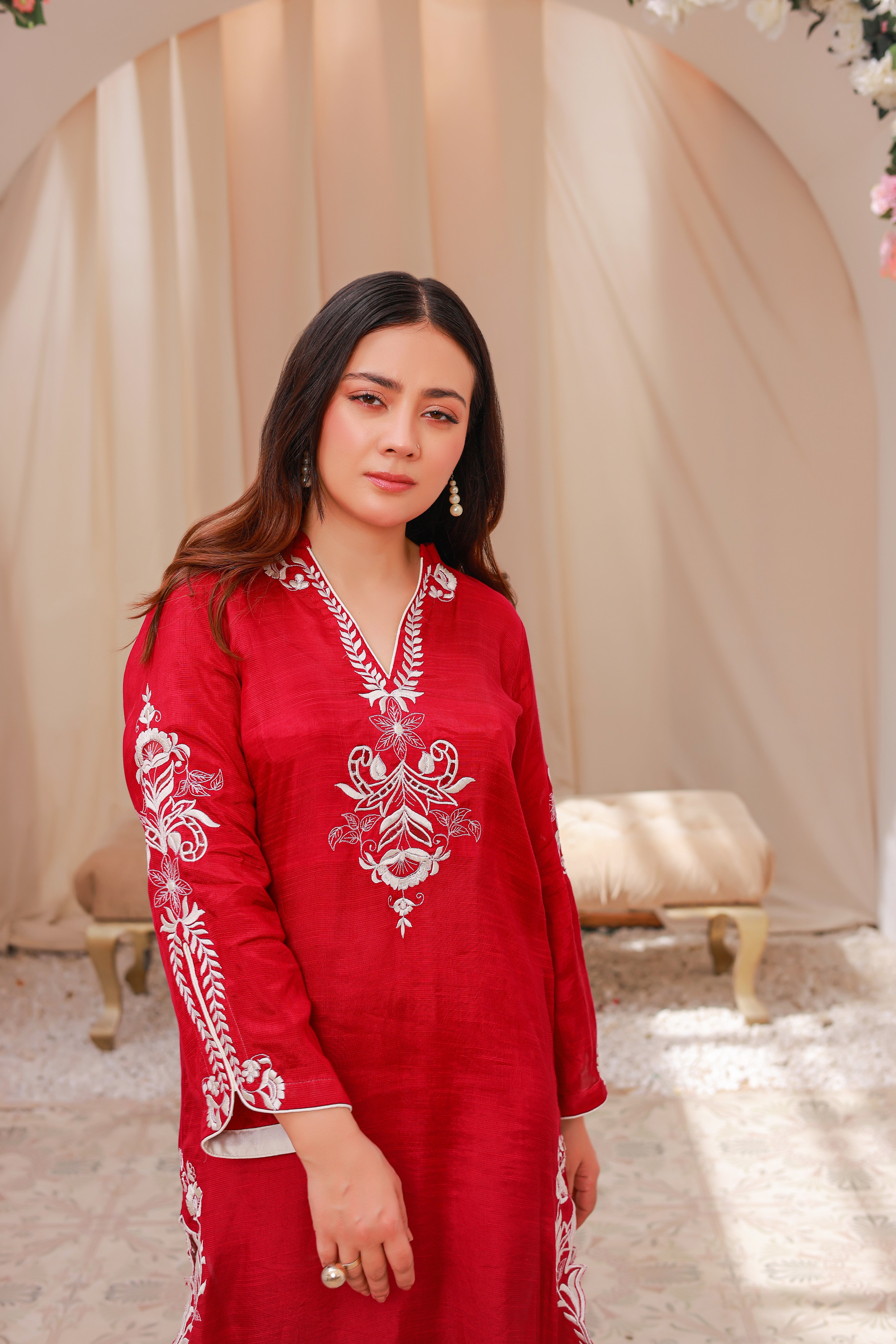 Deep Red Embroidered Kurta with White Threadwork