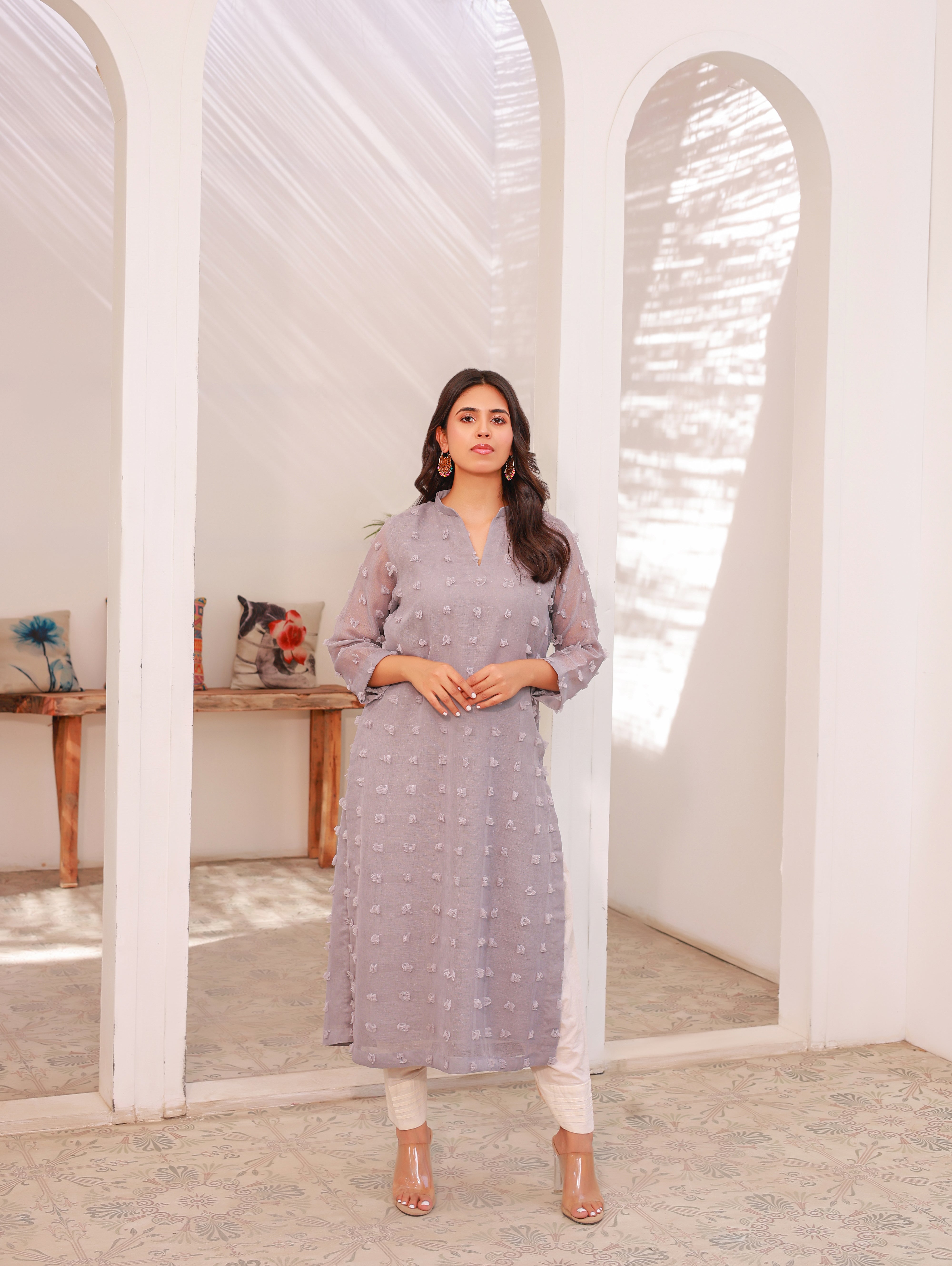 Grey 3D floral texture kurti