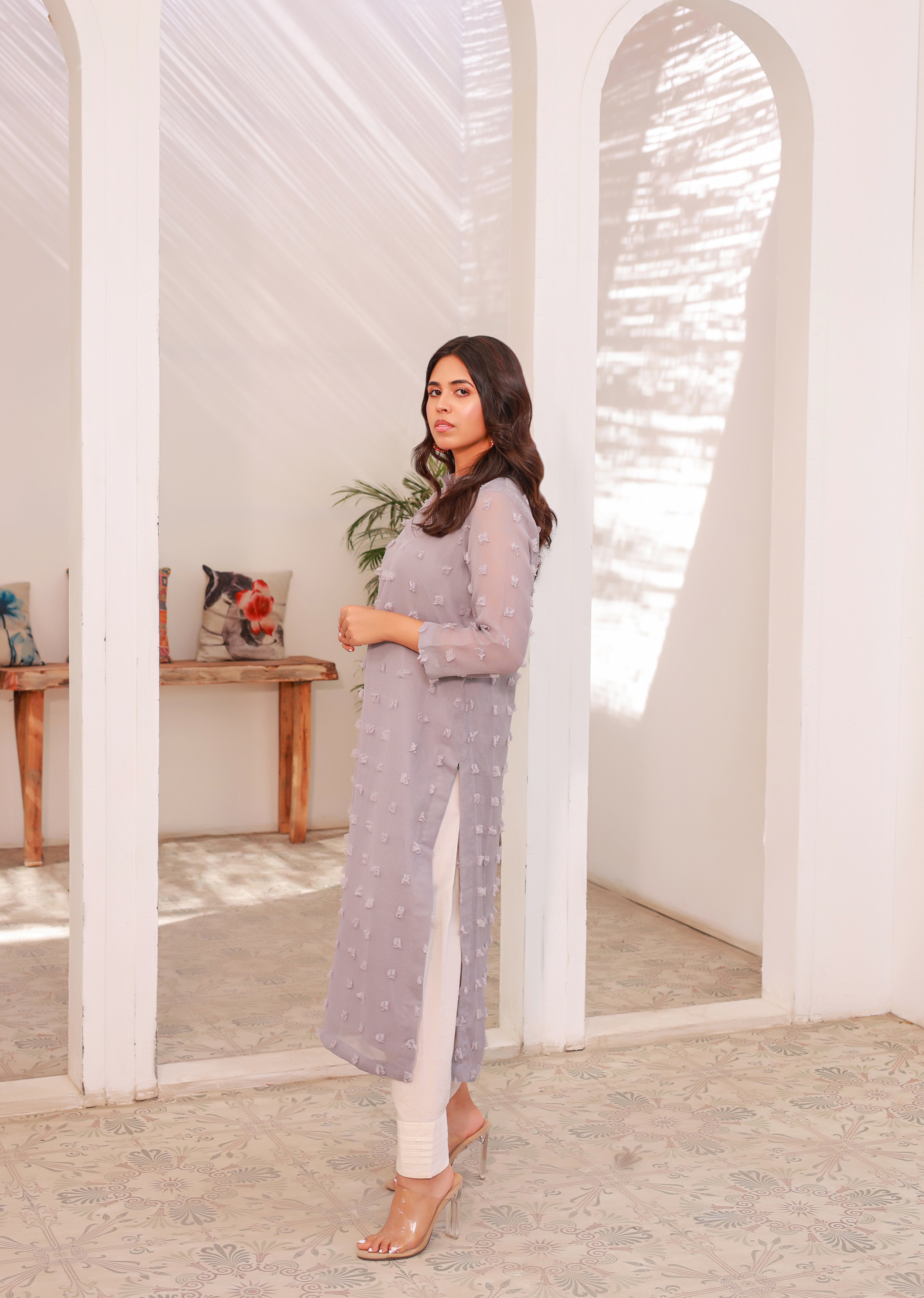 Grey 3D floral texture kurti