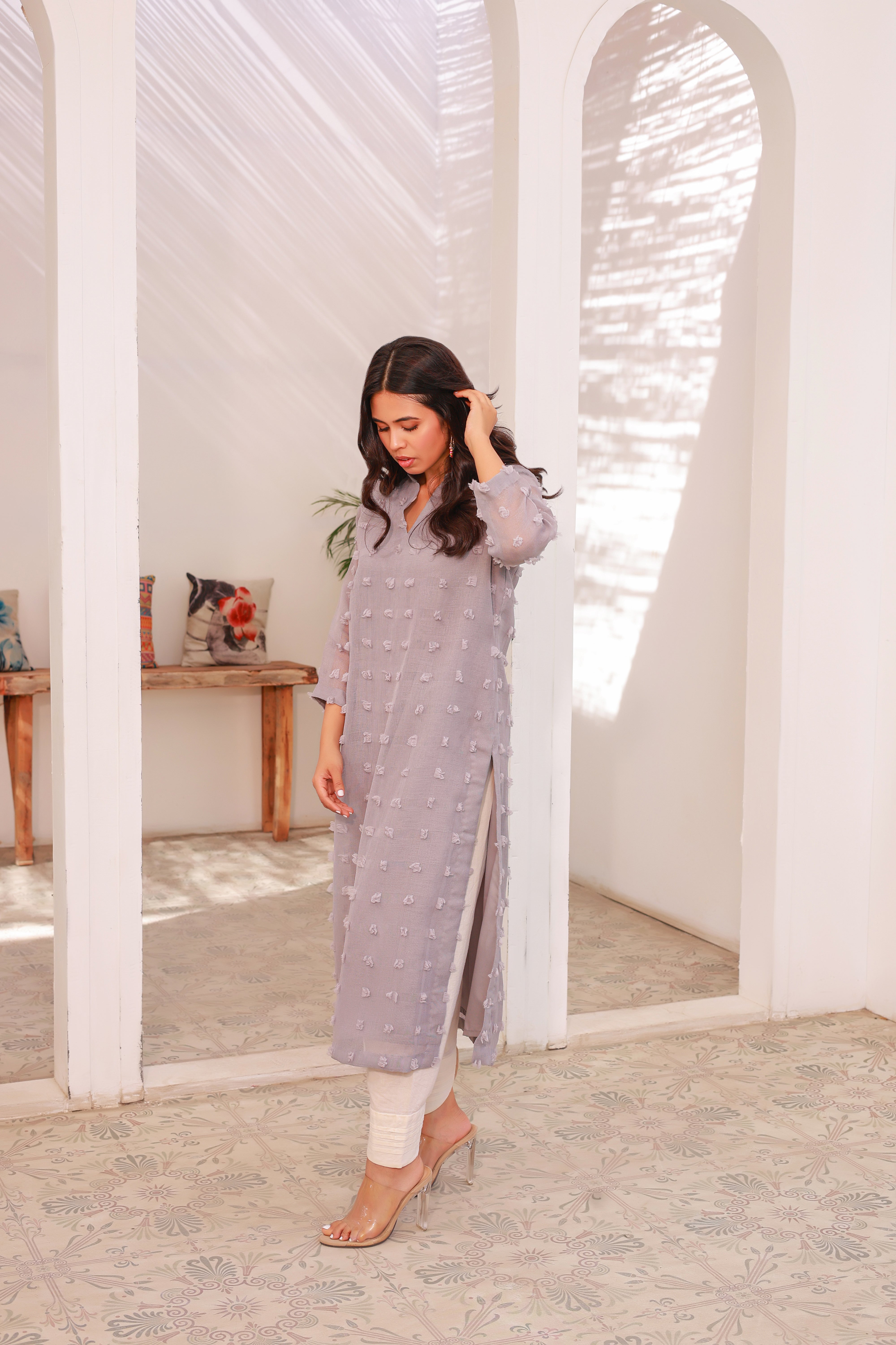 Grey 3D floral texture kurti