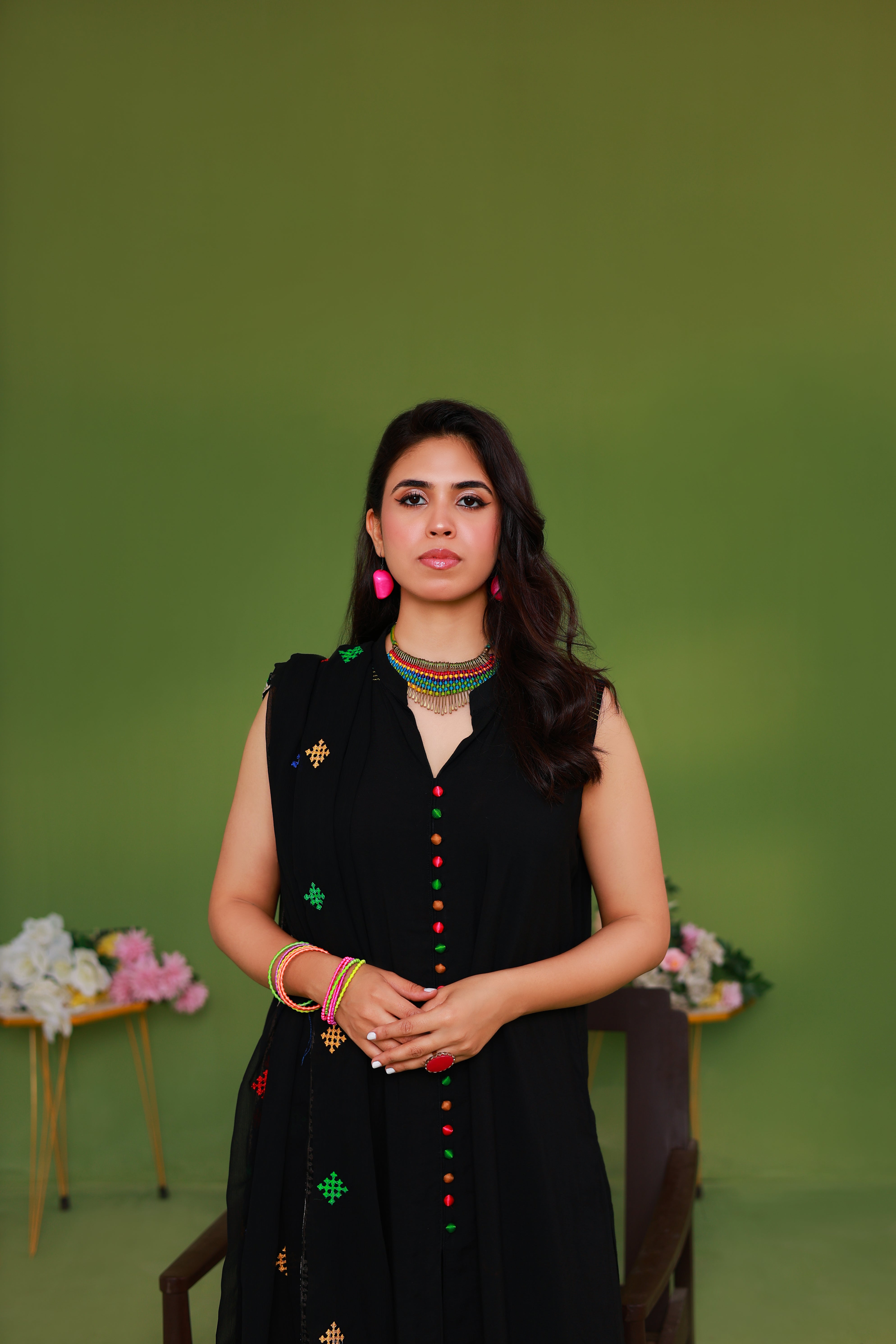 Black Sleeveless Embroidered Kurta with Colourful Motifs