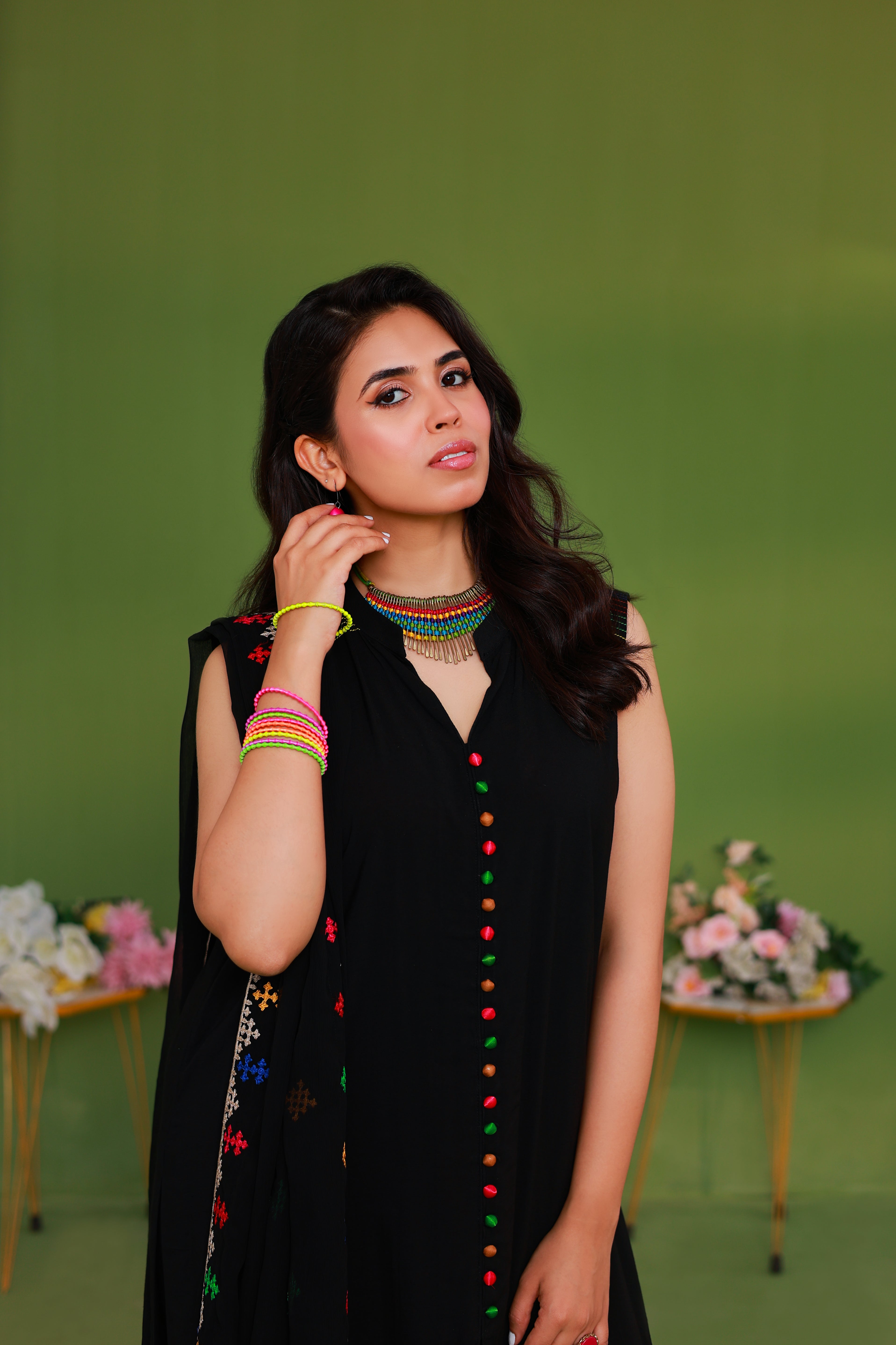 Black Sleeveless Embroidered Kurta with Colourful Motifs