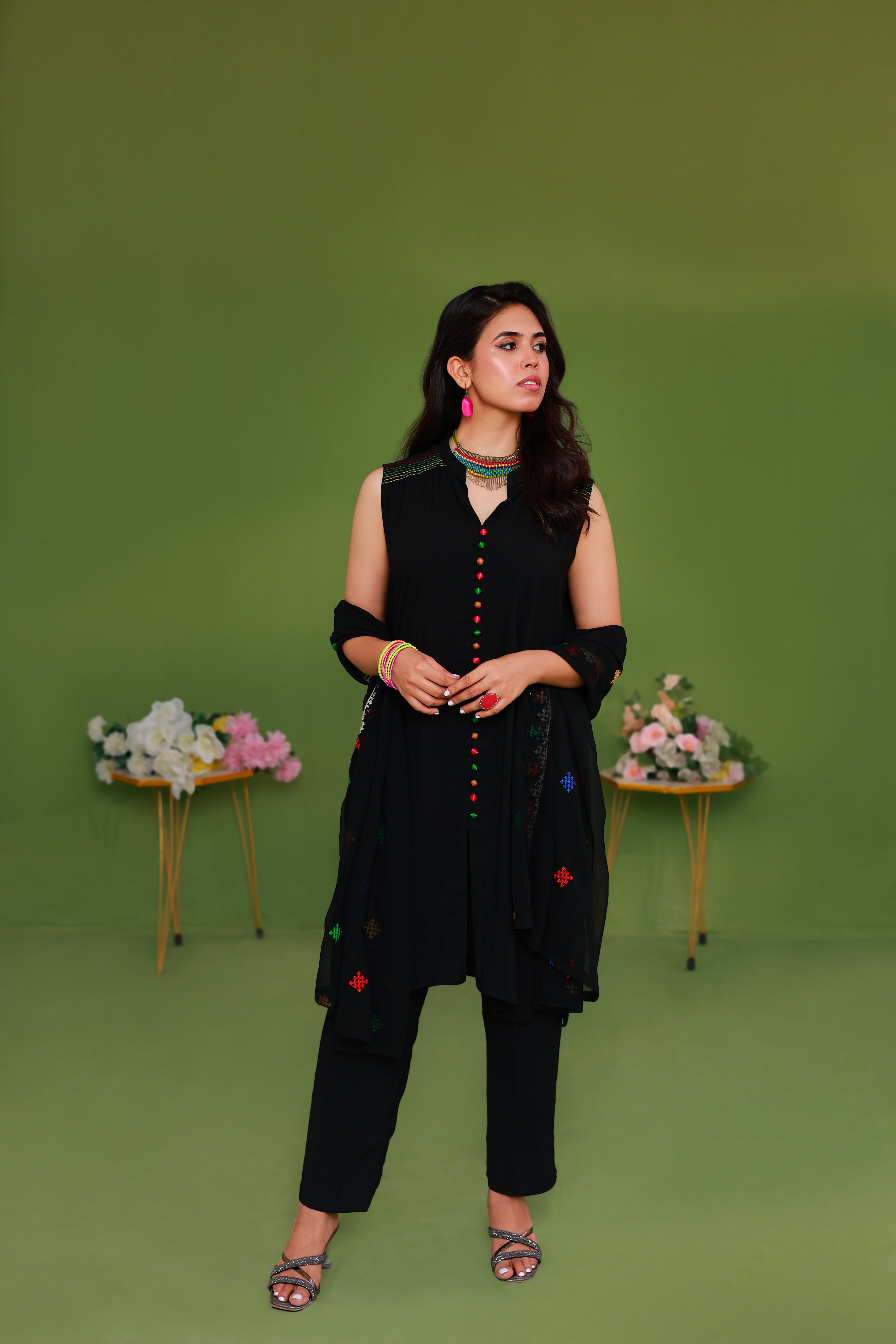 Black Sleeveless Embroidered Kurta with Colourful Motifs