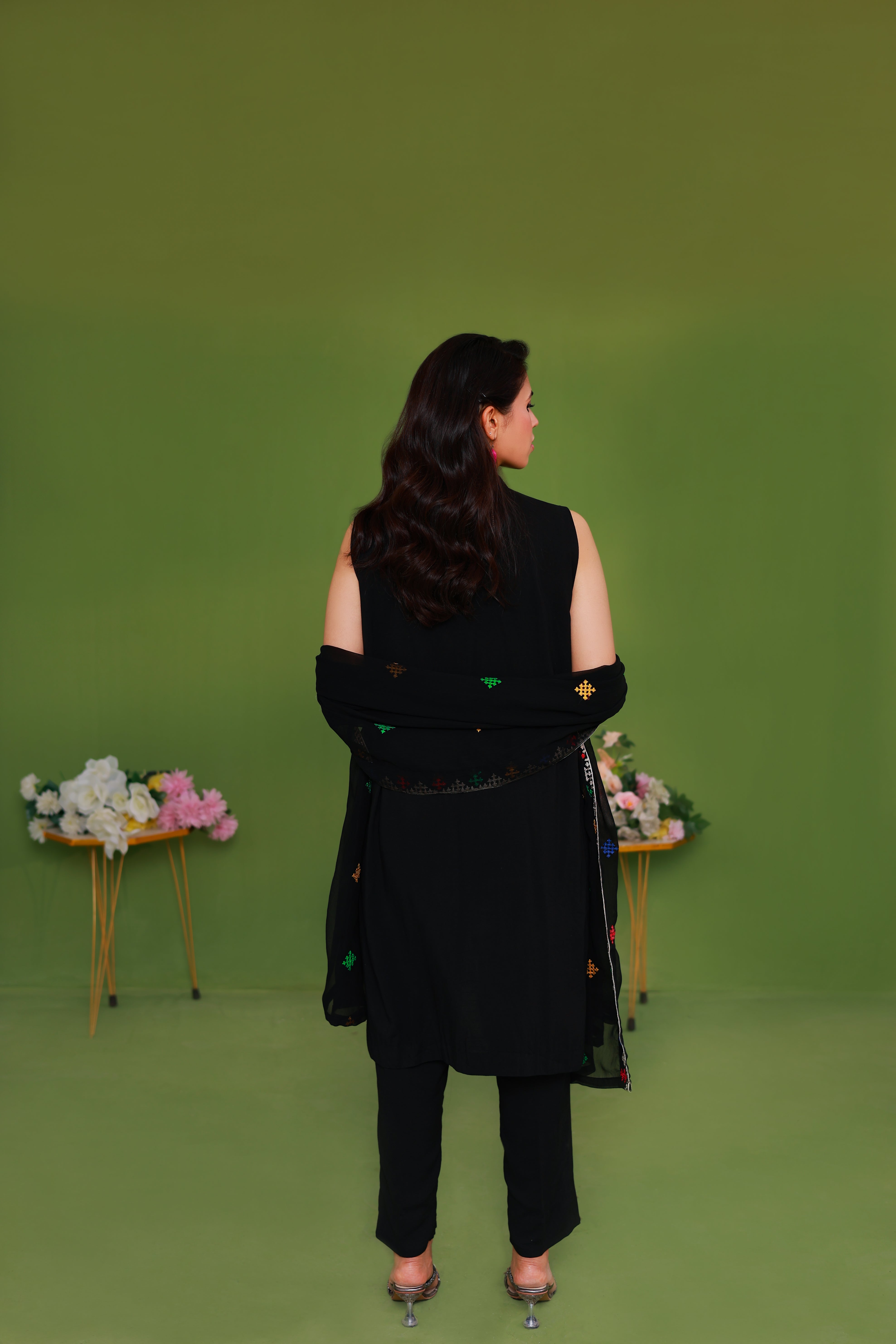 Black Sleeveless Embroidered Kurta with Colourful Motifs
