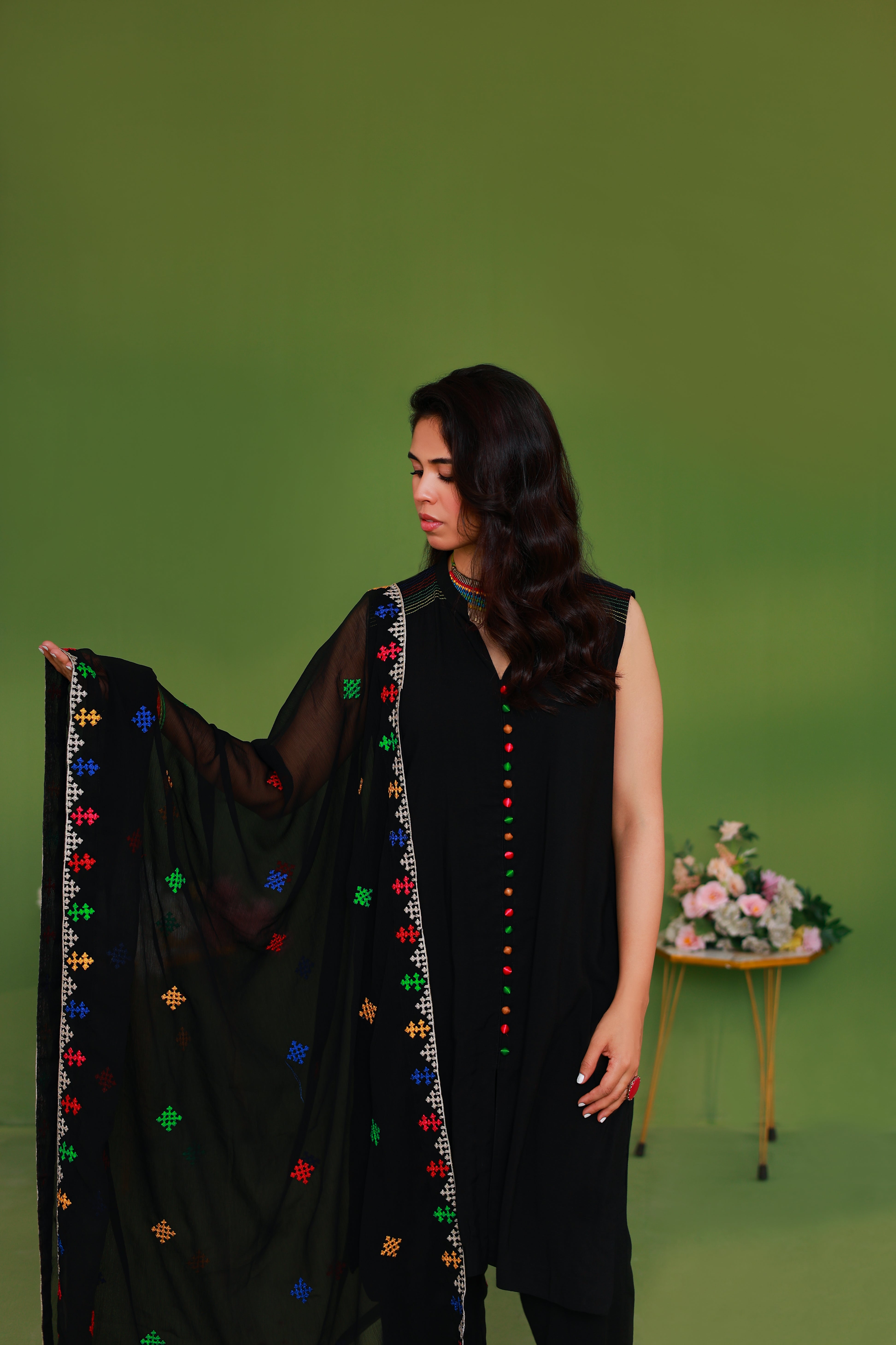 Black Sleeveless Embroidered Kurta with Colourful Motifs